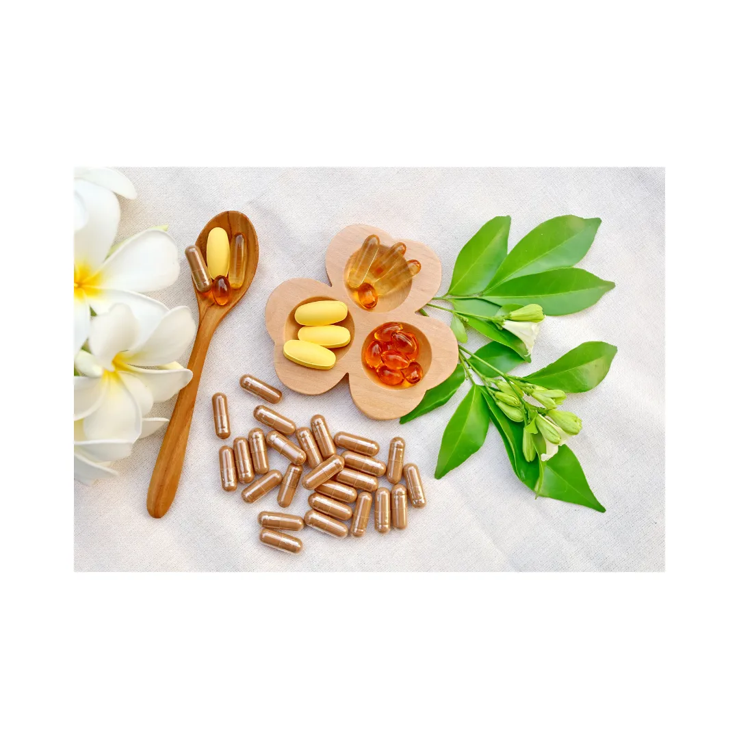 Wooden spoons with supplements and herbs representing a holistic approach to healing.